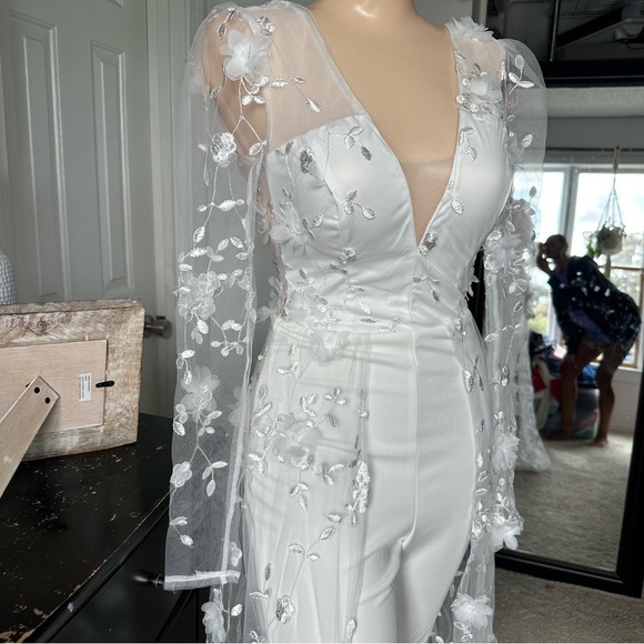 LULU’S IMMACULATE FAVORITE MESH EMBROIDERED CAPE JUMPSUIT - Picture 7 of 17